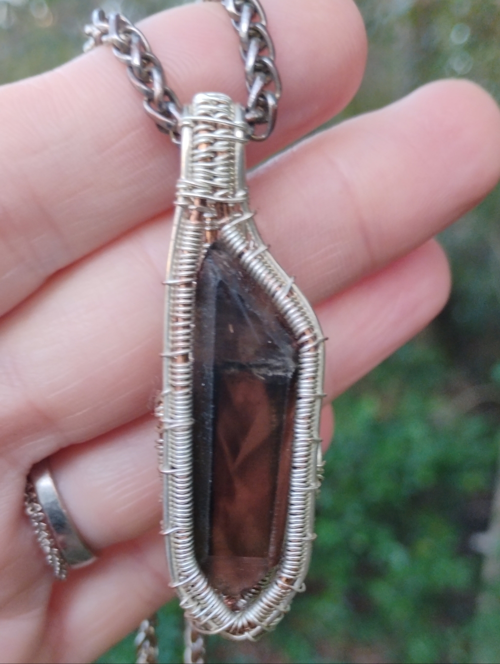 Hand Crafted Silver-Wrapped Smoky Brown Crystal Pendant Necklace